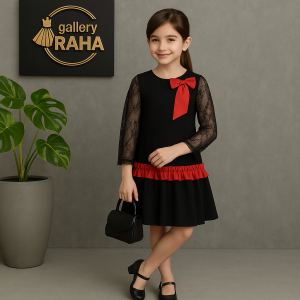 پیراهن مشکی دخترانه با آستین دانتل و پاپیون رنگی | gallery RAHA