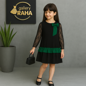 پیراهن مشکی دخترانه با آستین دانتل و پاپیون رنگی | gallery RAHA