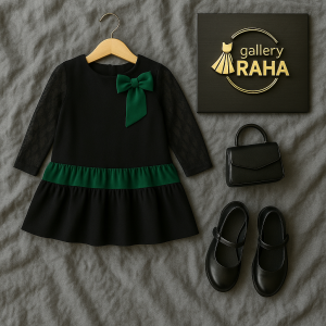 پیراهن مشکی دخترانه با آستین دانتل و پاپیون رنگی | gallery RAHA