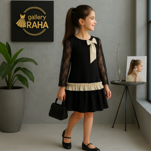 پیراهن مشکی دخترانه با آستین دانتل و پاپیون رنگی | gallery RAHA