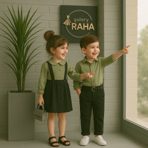 ست خواهر و برادری شومیز زیتونی روشن با دامن/شلوار مشکی – کرپ مازراتی