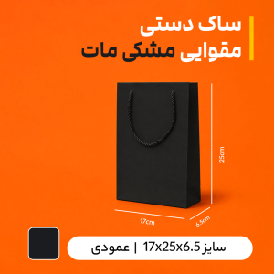 ساک دستی مقوایی مشکی مات ۱۷×۲۵ با بند مشکی – بسته ۲۵ عددی