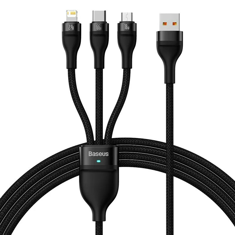 کابل تبدیل USB به MicroUSB/USB-C/لایتنینگ بیسوس مدل CB0029 66W طول 1.2 متر