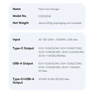 شارژر دیواری 30 وات بیسوس مدل Palm 30W  به همراه کابل USB-C