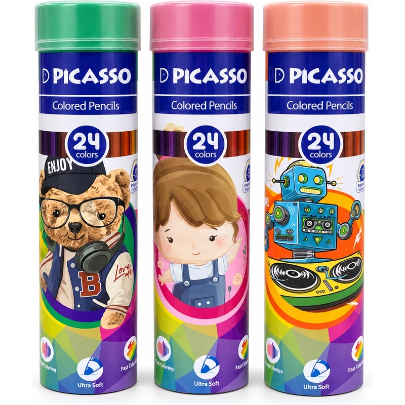 مداد رنگی 24 رنگ پیکاسو Picasso  با درجه سختی HBجعبه فلزی استوانه ای