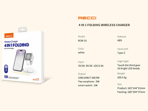 شارژر وایرلس چندکاره رسی RECCI RCW-31 15W 4-in-1 Folding Wireless Charger