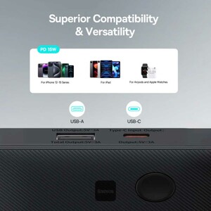 پاوربانک 10000 باریک یو‌اس‌بی و تایپ‌سی 15 وات بیسوس