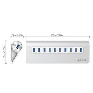 هاب یو اس بی 10 پورت اوریکو Orico M3H10 10 Port USB 3.0 Hub دارای ابعاد مناسب