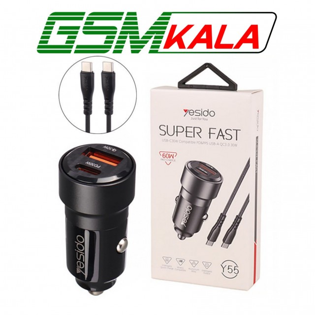 شارژر فندکی فست شارژ Yesido Y55 QC3.0 PD 3A 30W + کابل تبدیل تایپ سی
