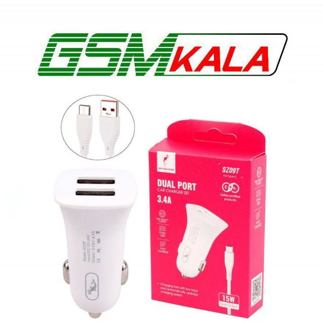 شارژر فندکی فست شارژ Sky Dolphin SZ09T 3.4A 15W + کابل تایپ سی
