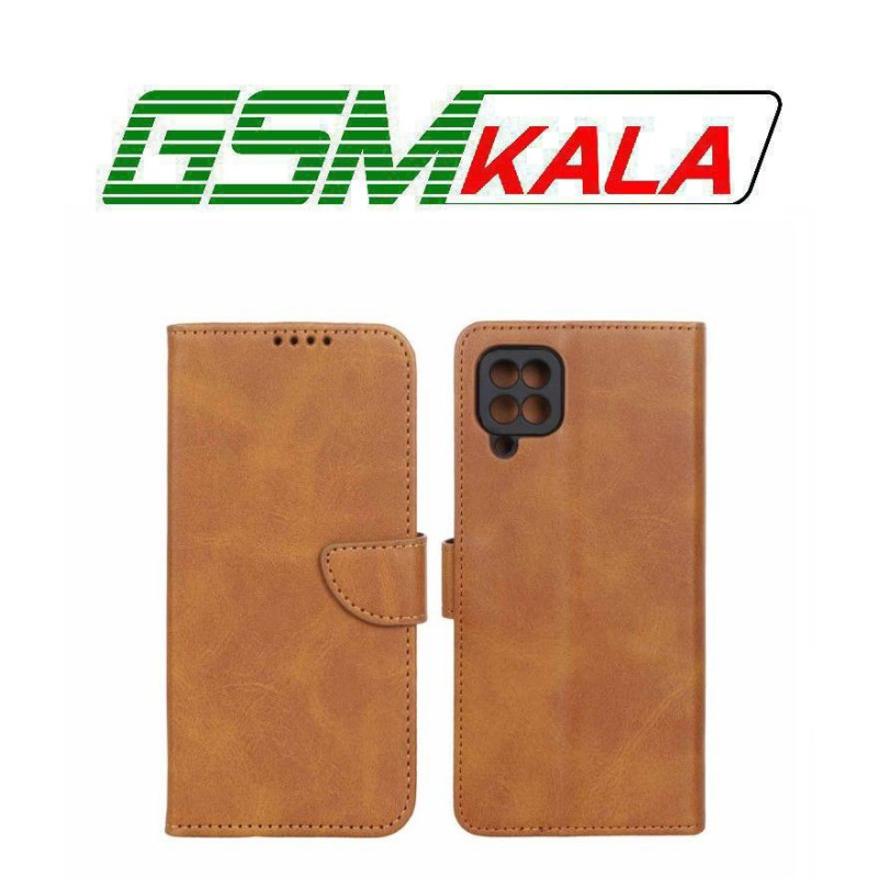 کیف چرمی موبایل مگنتی محافظ لنزدار Samsung Galaxy A12 / M12 / F12 - عسلی