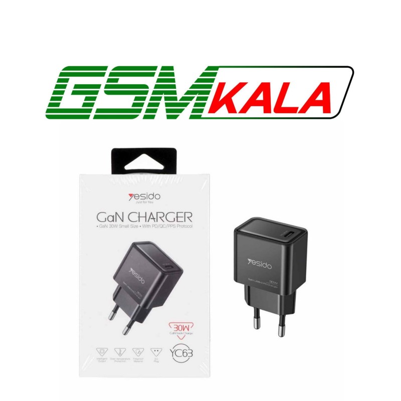 شارژر دیواری PD و فست تک پورت Yesido مدل 30W YC63 - مشکی - مجهز به فناوری GAN