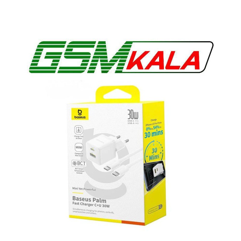 شارژر دیواری 30 وات دو پورت بیسوس با کابل دو سر تایپ سی Baseus CCZC30UE Palm Fast Charger 1C+1U 30W P1011160A113
