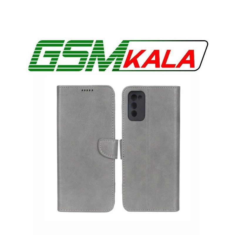 کیف چرمی موبایل مگنتی محافظ لنزدار KRF مدل Samsung Galaxy A03s / A02s - طوسی