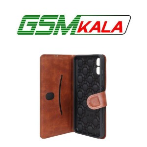 کیف موبایل چرمی مگنتی محافظ لنزدار Samsung Galaxy A06 - قهوه ای روشن