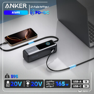 پاوربانک انکر مدل A1695 ظرفیت 25000 میلی آمپر ساعت توان 165 وات