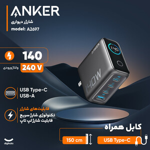 شارژر دیواری انکر مدل B2697 به همراه کابل دو سر تایپ سی توان 140 وات