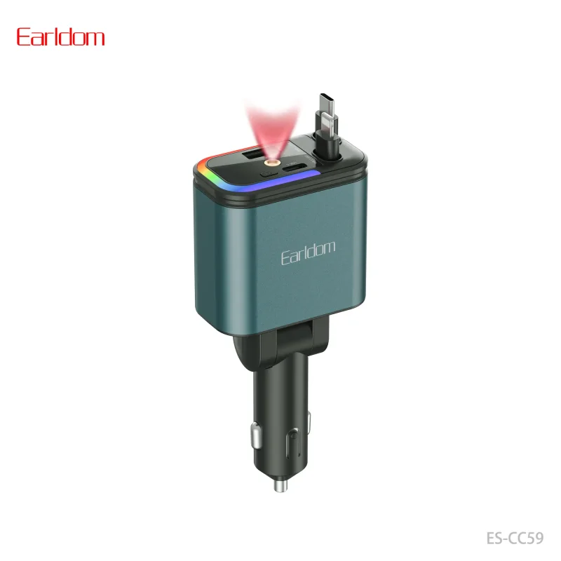 شارژر فندکی خودرو Earldom مدل ES-CC59؛ ۴ پورت، توان ۱۲۰ وات، دارای نور RGB به همراه کابل جمع شونده تایپ سی و لایتنینگ