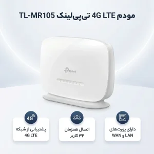مودم 4G LTE تی‌پی‌لینک مدل TL-MR105 با اسلات سیم کارت نانو، پشتیبانی از 32 کاربر همزمان، رابط LAN و WAN، مناسب استفاده خانگی و اداری، سرعت دانلود تا 150 مگابیت بر ثانیه و منبع تغذیه برق شهری