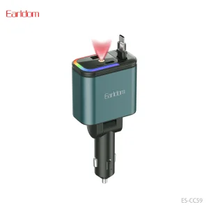 شارژر فندکی خودرو Earldom مدل ES-CC59؛ ۴ پورت، توان ۱۲۰ وات، دارای نور RGB به همراه کابل جمع شونده تایپ سی و لایتنینگ