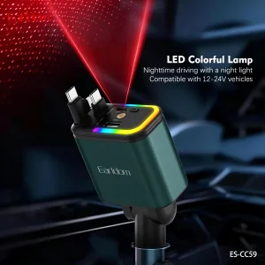 شارژر فندکی خودرو Earldom مدل ES-CC59؛ ۴ پورت، توان ۱۲۰ وات، دارای نور RGB به همراه کابل جمع شونده تایپ سی و لایتنینگ