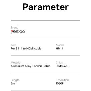 کابل تبدیل USB/USB-C/لایتنینگ به HDMI یسیدو مدل HM14 طول 1.8 متر