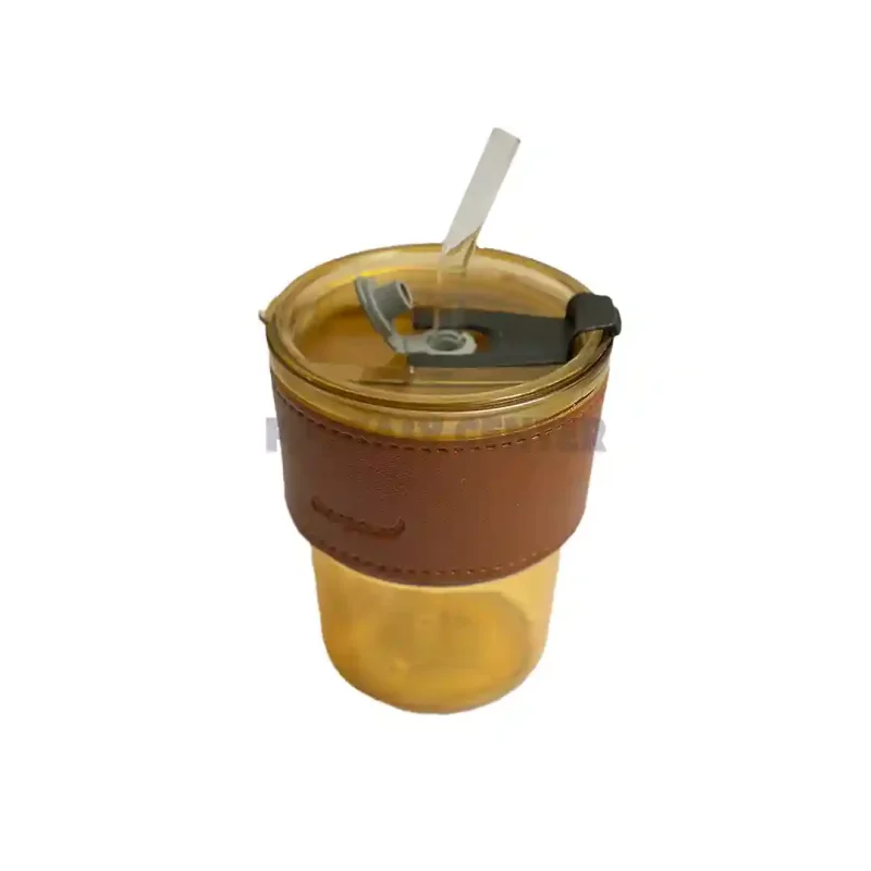 ماگ شیشه‌ای نی‌دار با روکش چرمی قهوه‌ای