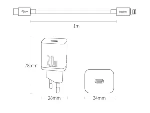 شارژر دیواری فست شارژ بیسوس همراه کابل لایتنینگ Baseus Super Si Quick Charger 1C 20W TZCCSUP-B03