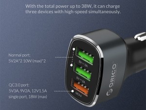 شارژر فندکی 3 پورت اوریکو ORICO 38W 3 Ports (QC3.0*1) USB Smart Car Charger (UPB-3U)