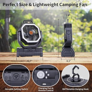 Battery powered camping fan with light