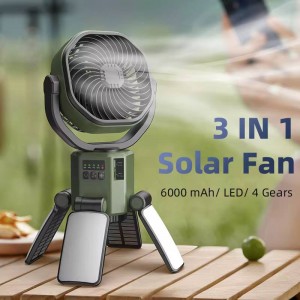 فن خورشیدی 3 کاره با باتری 6000mAh و نور LED 3-function solar fan with 6000mAh battery and LED light