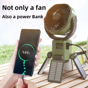 فن خورشیدی 3 کاره با باتری 6000mAh و نور LED 3-function solar fan with 6000mAh battery and LED light