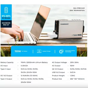 اینورتر و پاوربانک قابل حمل 150 وات 32000 پاورولوژی  Mini Power Station Powerology  150W 32000mAh PD 100W PPBCHA31