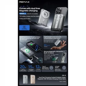 پاور بانک 10000 میلی آمپر مگ سیف ریمکس مدل   Remax 10000mAh Wireless Power Bank CX2