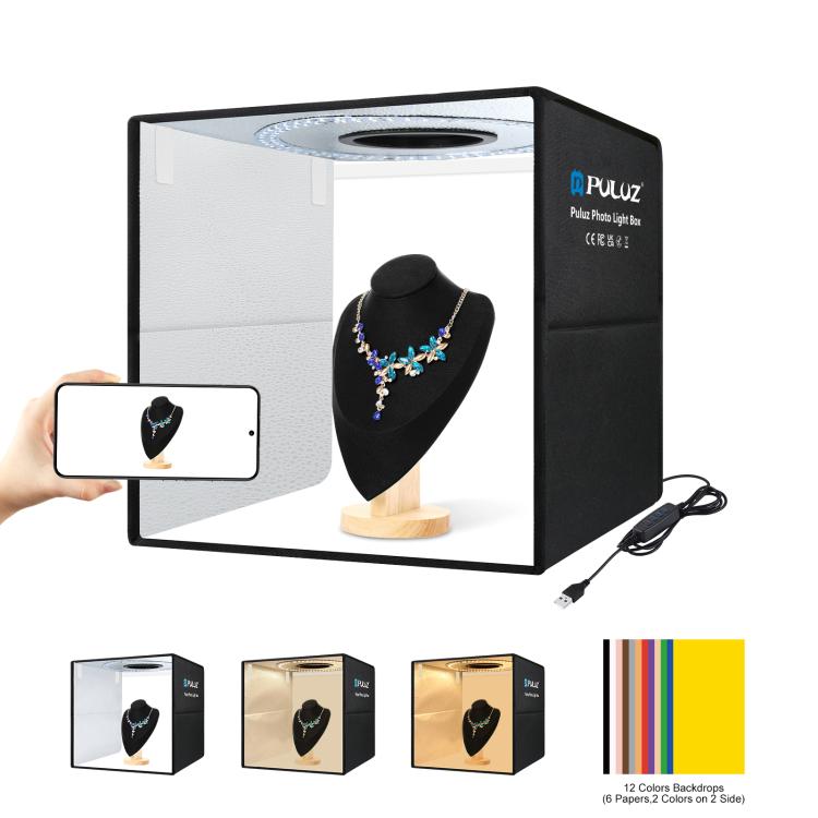خیمه عکاسی تاشو ۴۰ سانتی‌متری PULUZ PU5041B با نور LED و ۱۲ پس‌زمینه رنگی