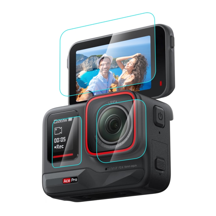 محافظ صفحه نمایش و لنز 3 در 1  برای Insta360 Ace Pro برند پولوز مدل PU951T | گلس مقاوم نمایشگر جلو، پشت و لنز
