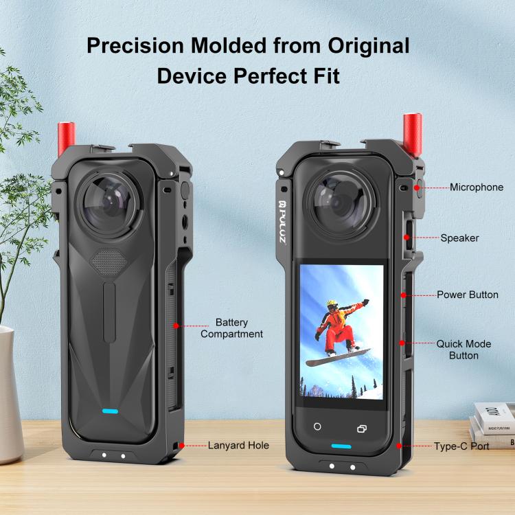 قاب محافظ فلزی Insta360 X5 PULUZ مشکی به همراه درپوش لنز