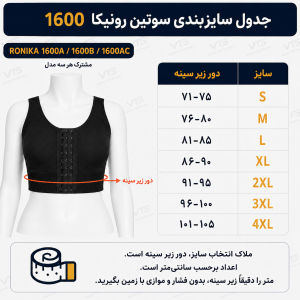 جدول راهنمای سایز سوتین بعد از عمل رونیکا 1600AC بر اساس دور زیر سینه