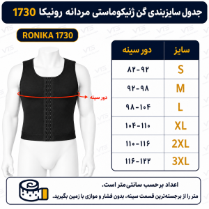 جدول راهنمای سایز گن ژنیکوماستی مردانه رونیکا کد 1730 بر اساس دور سینه