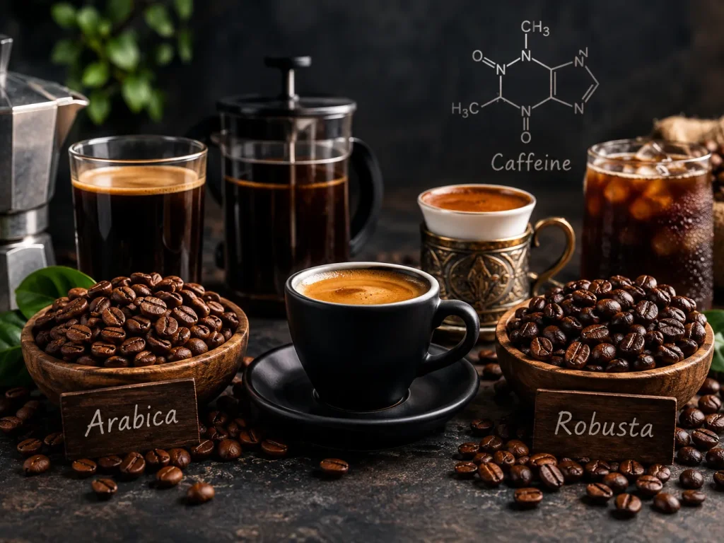 کدام قهوه کافئین بیشتری دارد؟ مقایسه عربیکا، روبوستا، اسپرسو و قهوه ترک