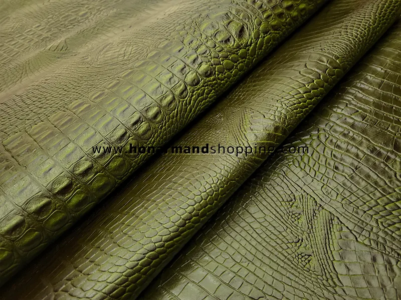 چرم طبیعی گاوی طرح کروکو رنگ سبز لجنی