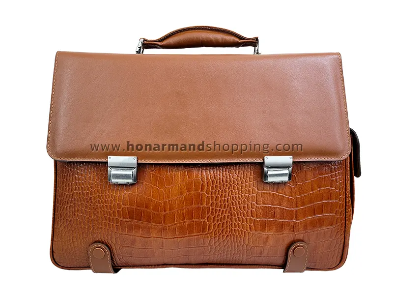 کیف اداری تمام چرم مدل بغل جیب دار رنگ عسلی