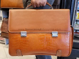 کیف اداری تمام چرم مدل بغل جیب دار رنگ عسلی