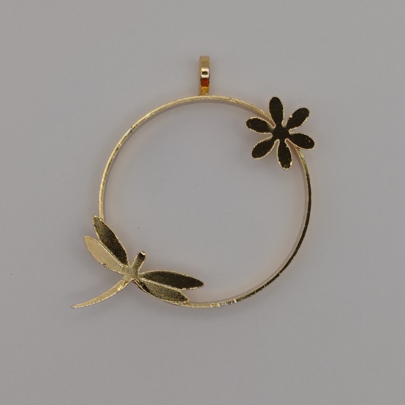 قاب فلزی رزین مدل دایره طلایی طرح گل و سنجاقک