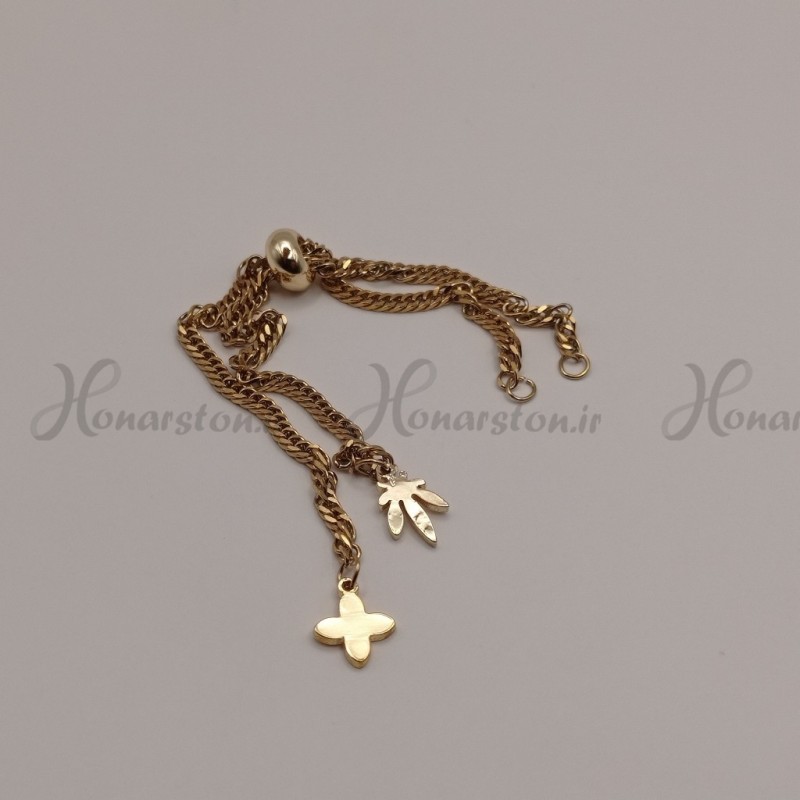 زنجیر دستبند آسانسوری طلایی طرح گل و برگ