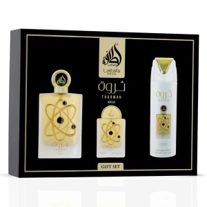 گیفت ست عطر و اسپری بدن ثروت گلد لطافه - Tharwah Gold 3-Piece Perfume Gift Set by Lattafa Pride (Gift Set)