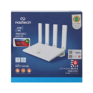 مودم روتر 4G خانگی و اداری نزتک مدل 77UX100 با اتصال سیم کارت، پشتیبانی تا 10 کاربر، آنتن خارجی، رابط RJ-45 LAN و USB Type-C، قابل استفاده با پاوربانک و آداپتور برق
