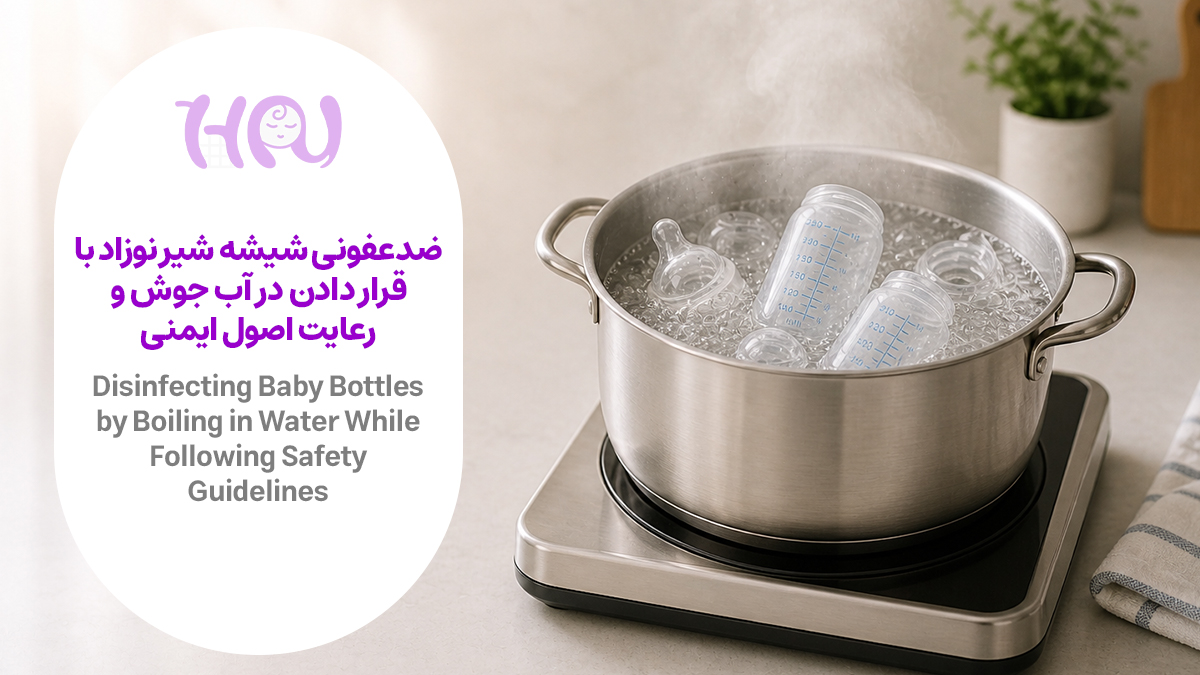 قابلمه آب جوش با شیشه شیر در حال استریل شدن