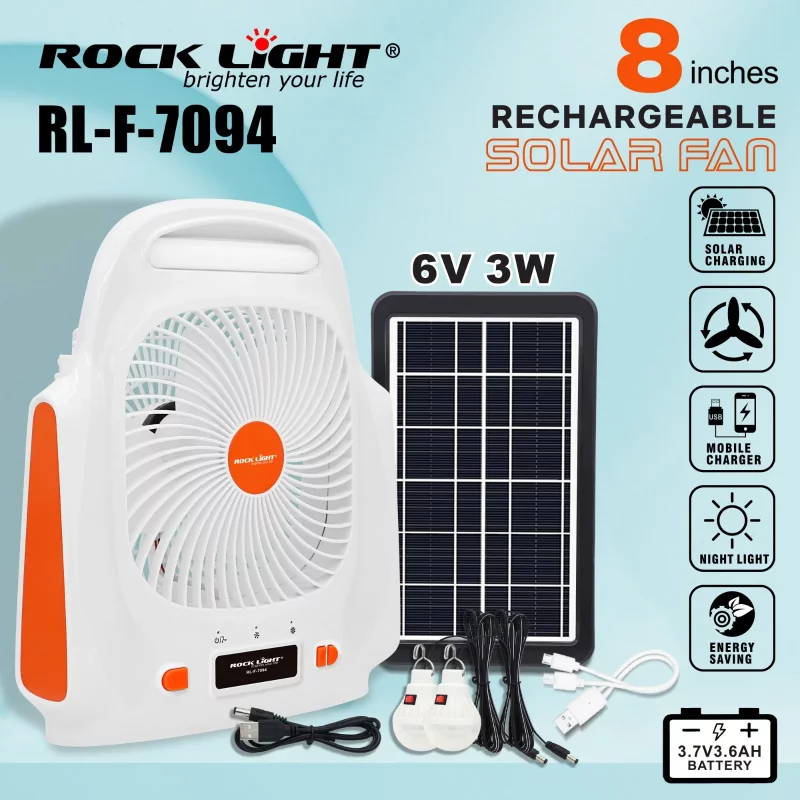 پنکه خورشیدی شارژی راک‌لایت مدل RL-F-7094 | Rock Light Rechargeable Solar Fan