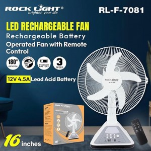 پنکه شارژی راک‌لایت مدل RL-F-7081 سایز 16 اینچ با ریموت و چراغ LED